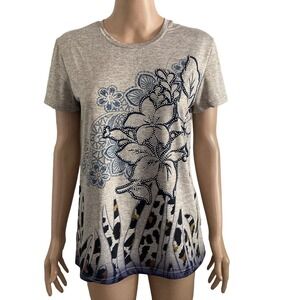 Todays Designer Tshirt Womens Small Floral Beaded Stretch Bling Gray Blue